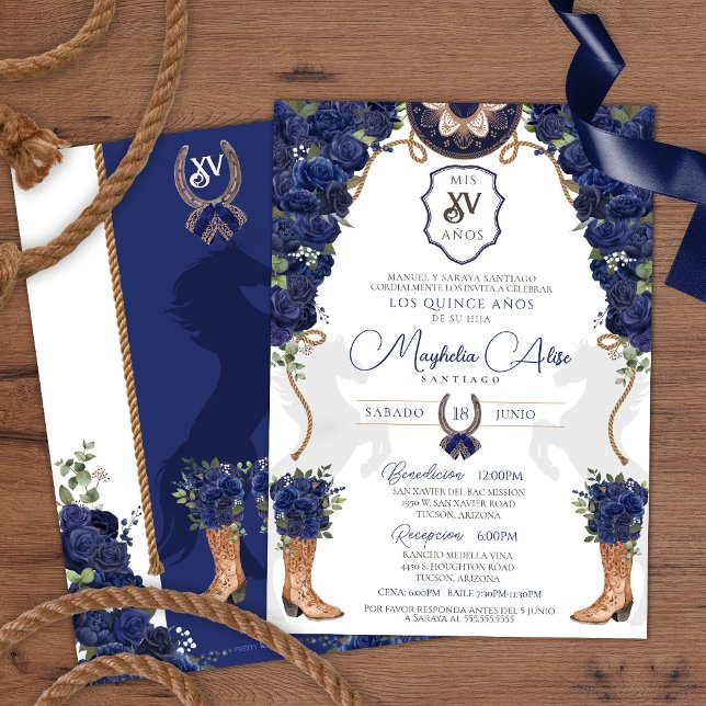 Invitation Marine Blue Floral Ouest Charro Quinceañera (Créateur téléchargé)