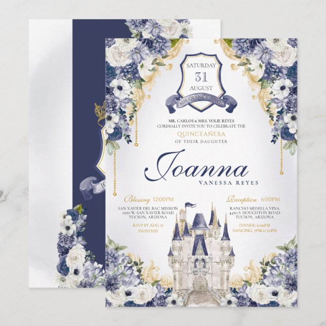 Invitation Marine Blue Floral Princess Castle Royal Quince (Devant / Derrière)