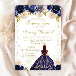 Invitation Marine Blue Floral Princess Quinceañera