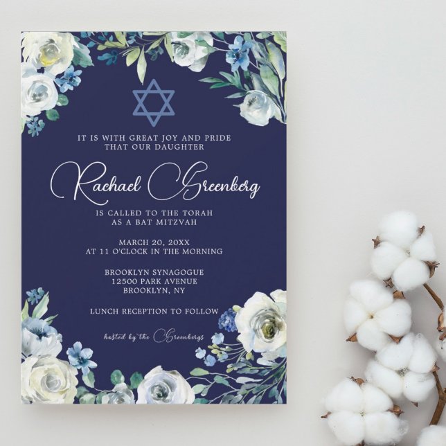 Invitation Marine Blue Floral Star de David Bat mitzvah (Créateur téléchargé)