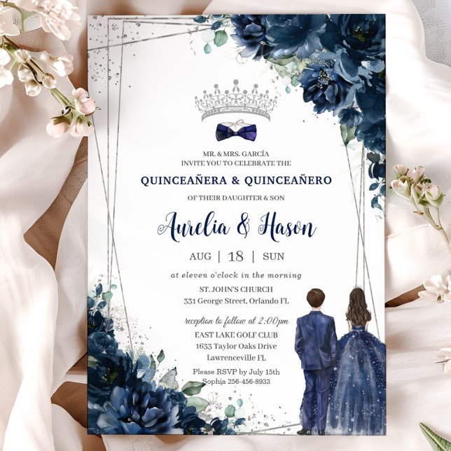Invitation Marine Blue Floral Twins Garçon Girl Argent Quince (Créateur téléchargé)