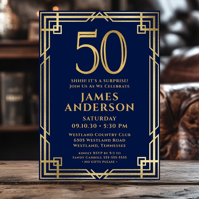 Invitation Marine Blue Gold 50e anniversaire Photo Surprise P (Créateur téléchargé)