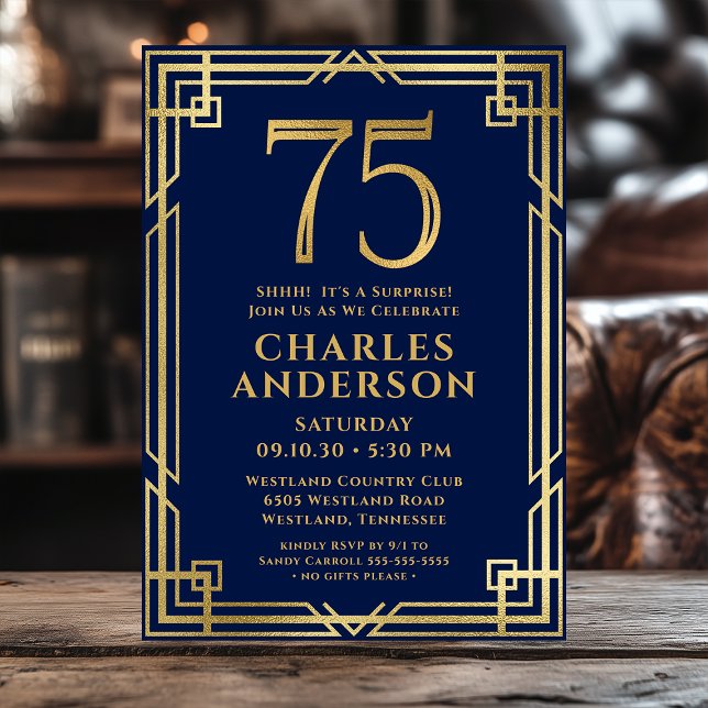 Invitation Marine Blue Gold 75e anniversaire Photo Surprise P (Créateur téléchargé)