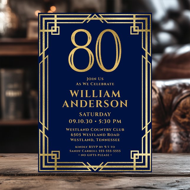 Invitation Marine Blue Gold 80th Birthday Photo (Créateur téléchargé)