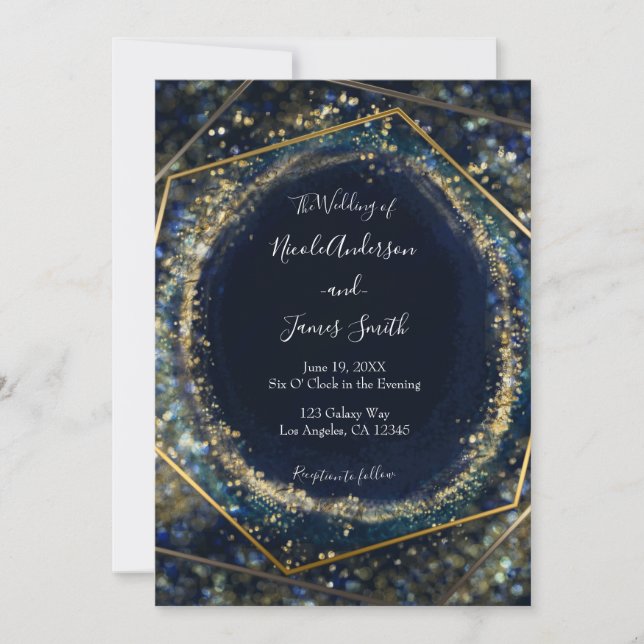 Invitation Marine Blue Gold Abstrait Lights Mariage géométriq (Devant)