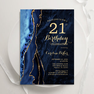 Invitation Marine Blue Gold Agate 21e anniversaire