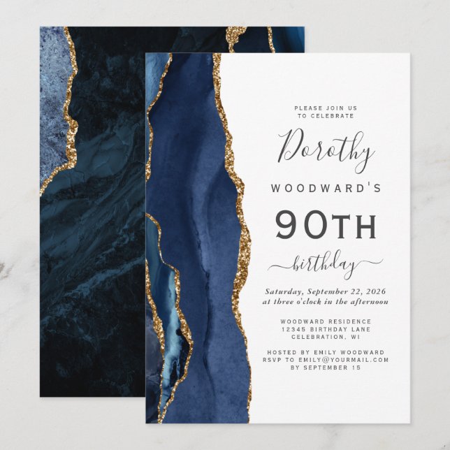 Invitation Marine Blue Gold Agate 90e fête d'anniversaire (Devant / Derrière)
