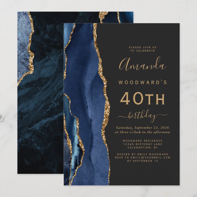 Invitation Marine Blue Gold Agate Dark 40th Birthday Party (Devant / Derrière)