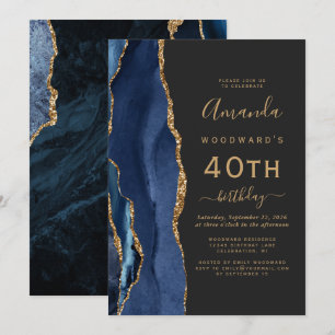 Invitation Marine Blue Gold Agate Dark 40th Birthday Party