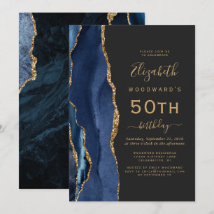 Invitation Marine Blue Gold Agate Dark 50th Birthday Party