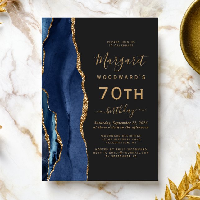 Invitation Marine Blue Gold Agate Dark 70th Birthday Party (Créateur téléchargé)