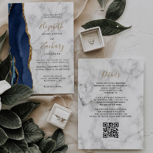 Invitation Marine Blue Gold Agate Marbre QR Code Mariage
