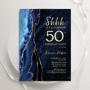 Invitation Marine Blue Gold Agate Surprise 50e anniversaire