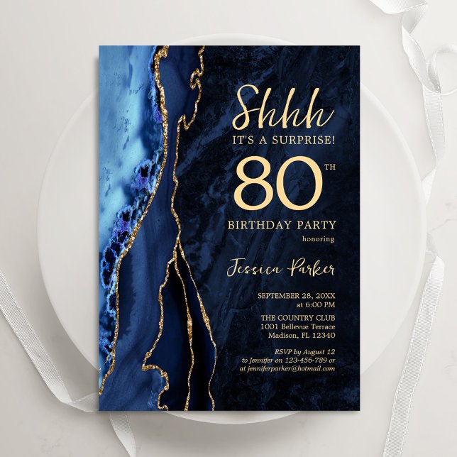 Invitation Marine Blue Gold Agate Surprise 80e anniversaire (Créateur téléchargé)