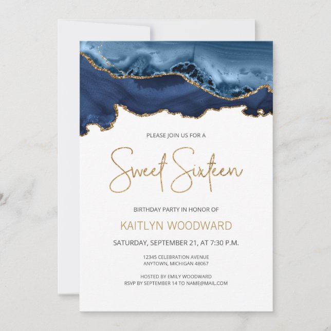 Invitation Marine Blue Gold Agate Sweet 16 Anniversaire fête (Devant)