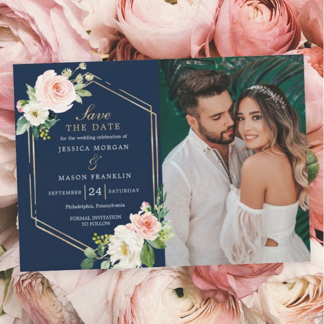Invitation Marine Blue Gold Blush Wedding Enregistrer La Cart (Créateur téléchargé)