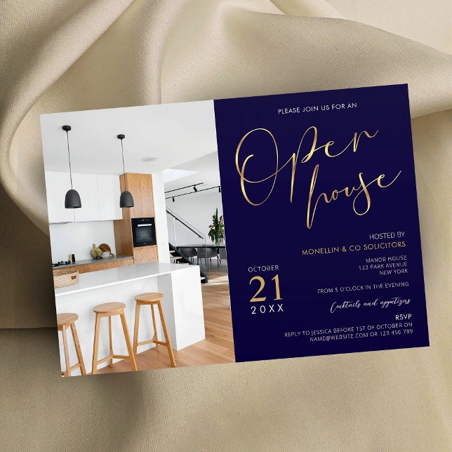 Invitation Marine Blue & Gold Business Logo Open House Photo (Elegant navy blue & gold open house photo invitation for your event)