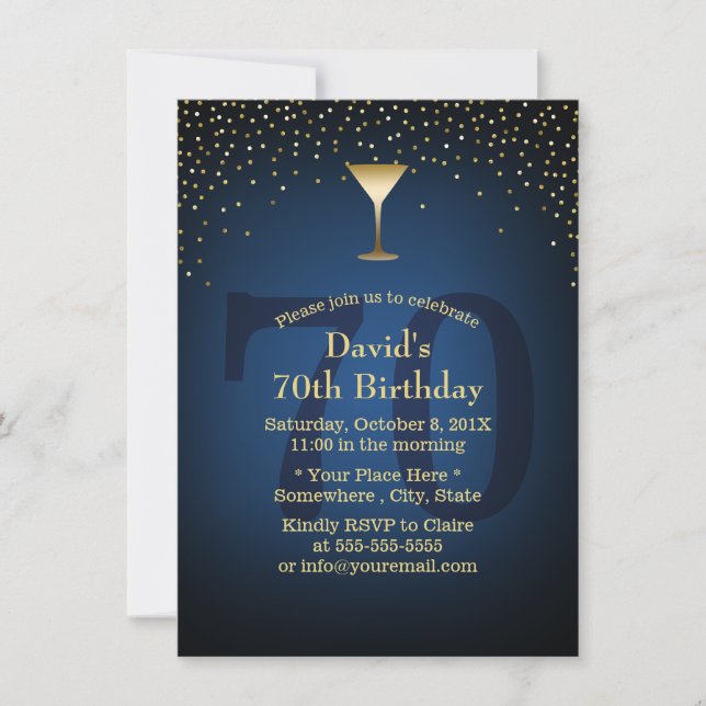 Invitation Marine Blue Gold Confetti 70e Anniversaire Vin Par (Devant)