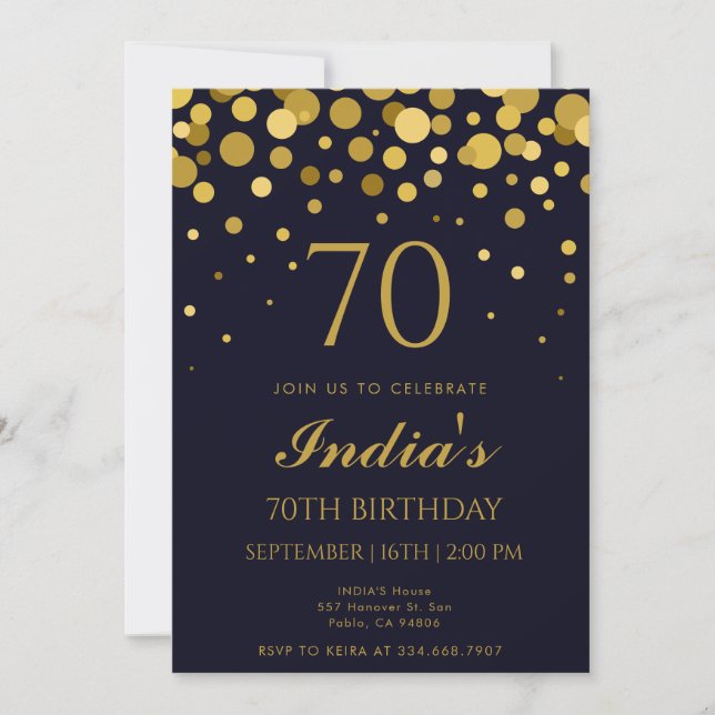 Invitation Marine Blue & Gold Confetti 70e fête d'anniversair (Devant)