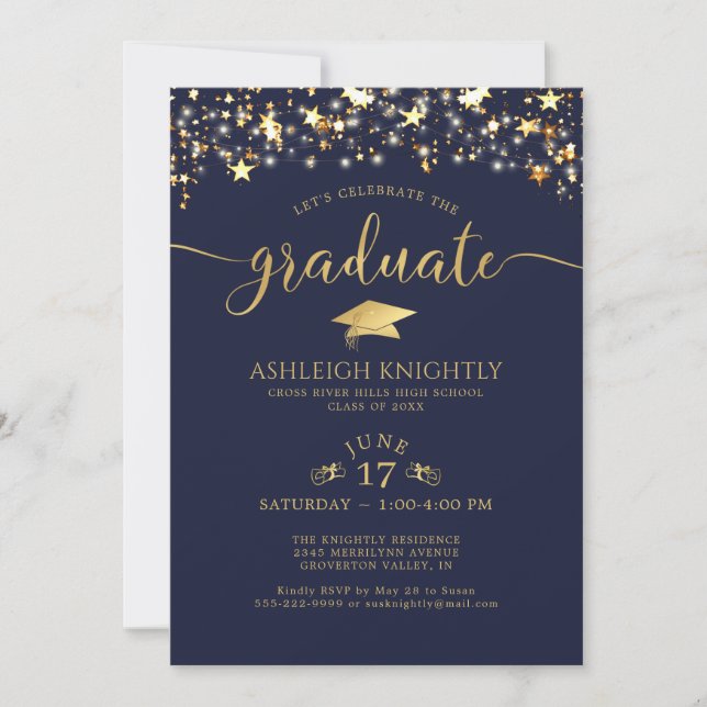 Invitation Marine Blue Gold Confetti Stars Graduation Party (Devant)
