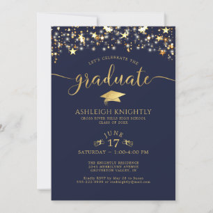 Invitation Marine Blue Gold Confetti Stars Graduation Party