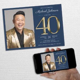 Invitation Marine Blue Gold Elegant Photo 40th Birthday Party