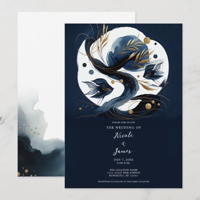Invitation Marine Blue & Gold Fish Beach Mariage (Devant / Derrière)