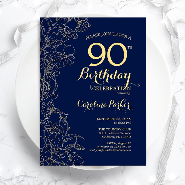 Invitation Marine Blue Gold Floral 90e fête d'anniversaire (Créateur téléchargé)