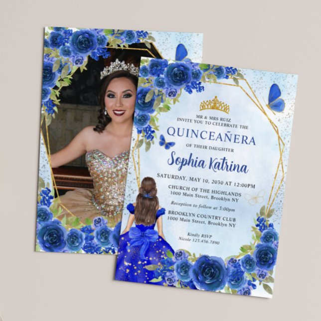 Invitation Marine Blue Gold Floral Princesse Quinceañera Phot (Créateur téléchargé)