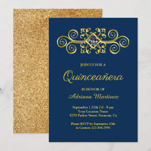 Invitation Marine Blue Gold Flourissant Diamond Quinceanera