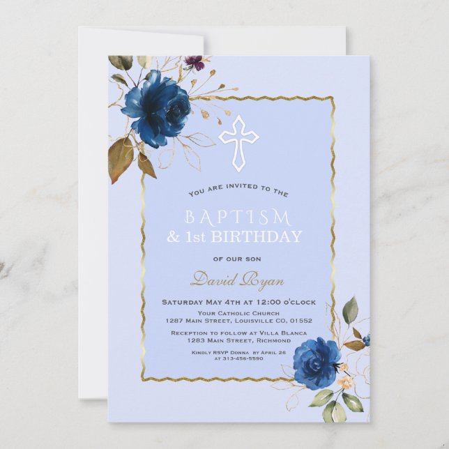 Invitation Marine Blue Gold Flowers Garçon 1er anniversaire & (Devant)