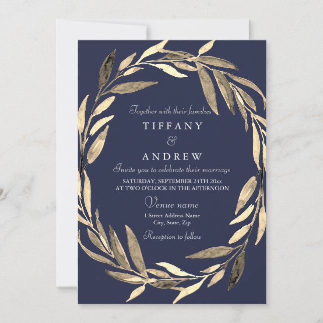 Invitation Marine Blue Gold Garden Leaf Wreath Wedding Invita (Devant)