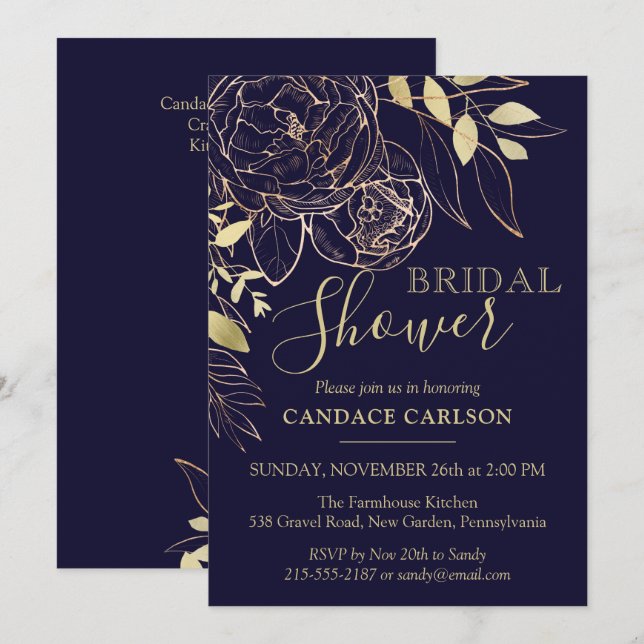 Invitation Marine Blue & Gold Peony Fête des mariées florale  (Devant / Derrière)