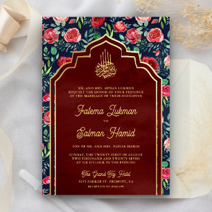 Invitation Marine Blue Gold Red Roses Floral Mariage musulman