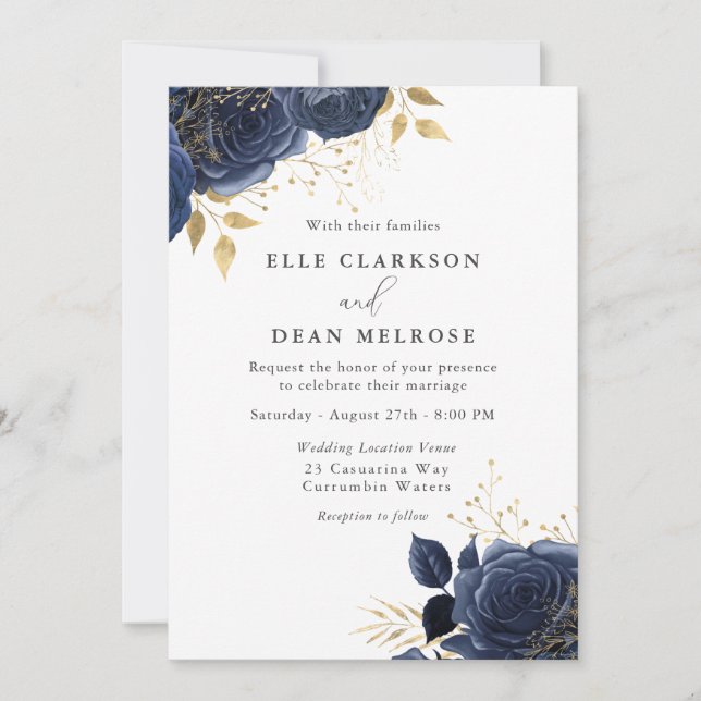 Invitation Marine Blue & Gold Roses Mariage élégant (Devant)