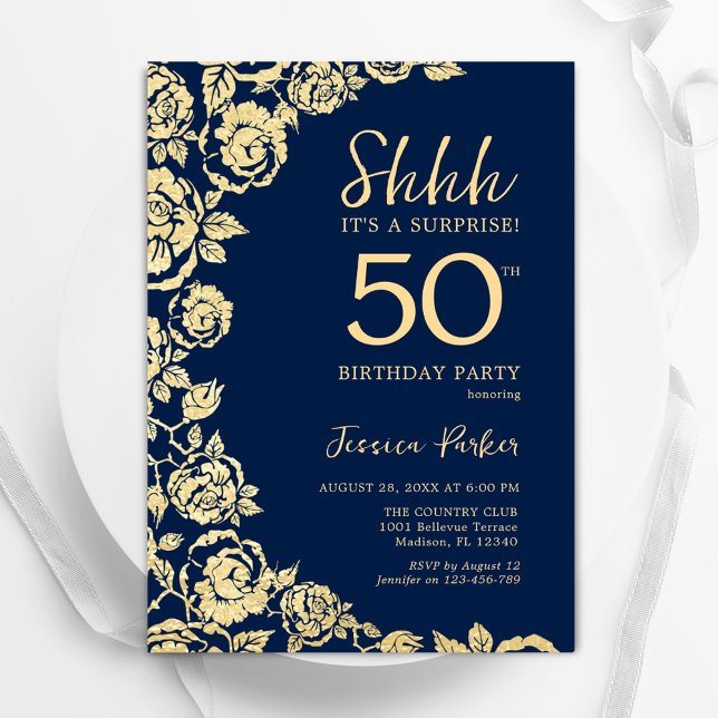Invitation Marine Blue Gold Roses surprise 50e anniversaire (Créateur téléchargé)