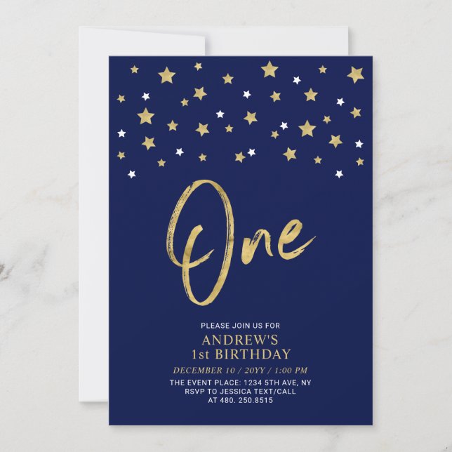 Invitation Marine Blue & Gold Star | Une fête d'anniversaire (Devant)