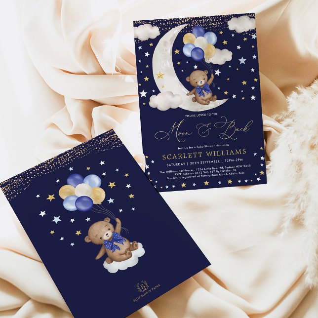 Invitation Marine Blue Gold Teddy Bear Lune et Baby shower ar (Créateur téléchargé)