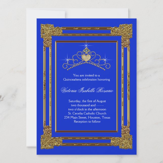 Invitation Marine Blue Gold Tiara Sweet 15 Quinceanera (Devant)