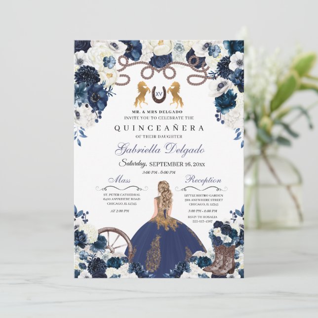 Invitation Marine Blue Gold Western Charra Ranchero Quinceane (Debout devant)