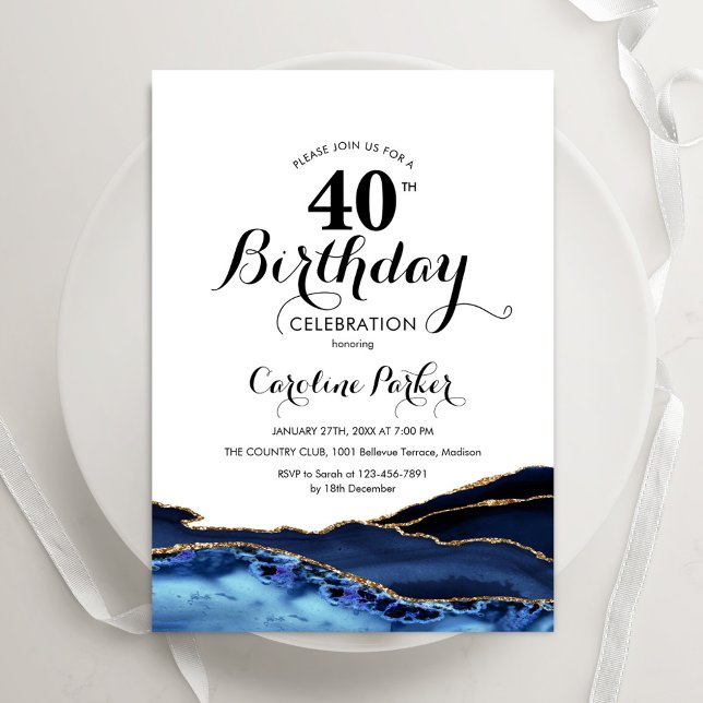 Invitation Marine Blue Gold White Agate 40e anniversaire (Créateur téléchargé)