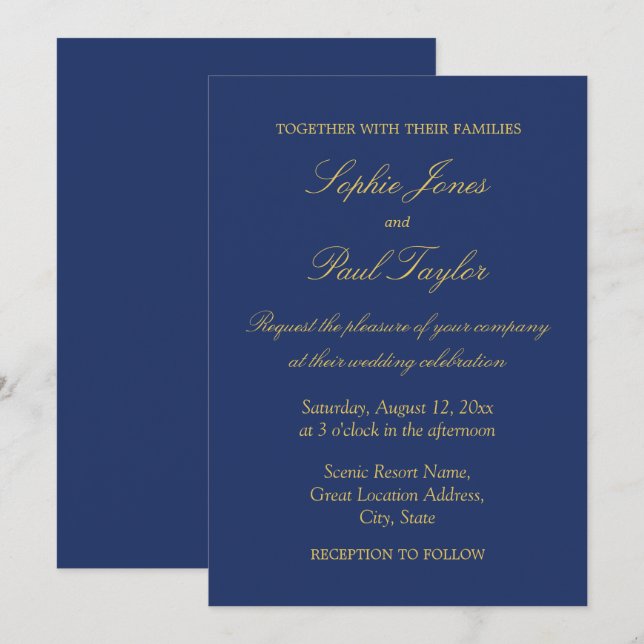 Invitation Marine Blue Golden Beige Elégant Mariage Invitatio (Devant / Derrière)