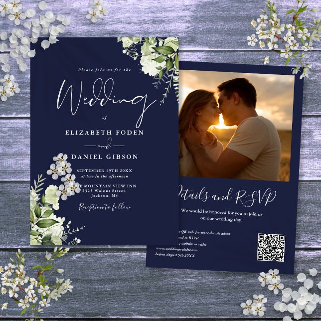 Invitation Marine Blue Green Floral QR Code Mariage photo (Navy Blue Greenery Floral QR Code Photo Wedding Invitation)
