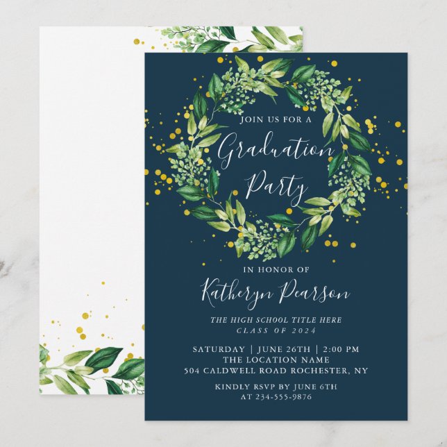 Invitation Marine Blue Green Wreath Parties scintillant d'or (Devant / Derrière)