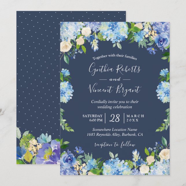 Invitation Marine Blue Hydrangeas Floral Romantique Mariage (Devant / Derrière)