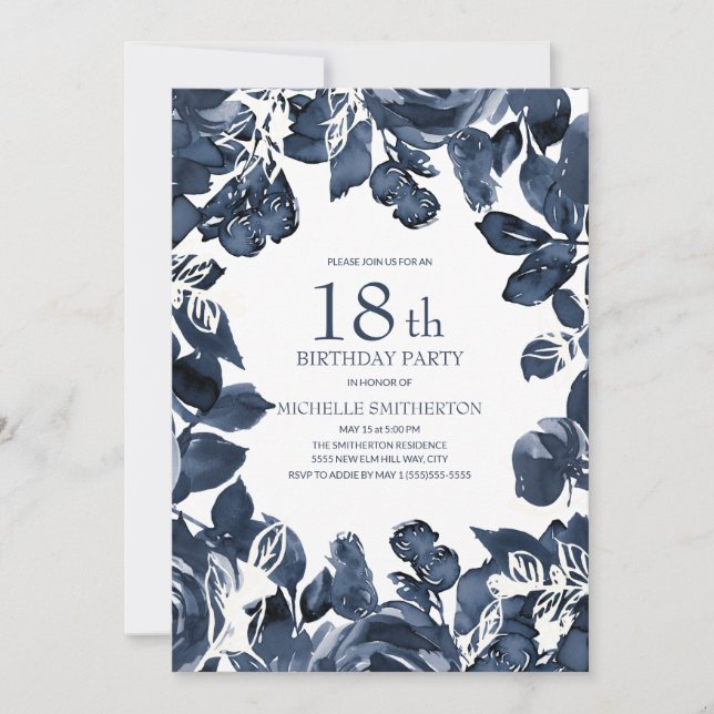 Invitation Marine Blue Indigo Feuilles 18e anniversaire (Devant)