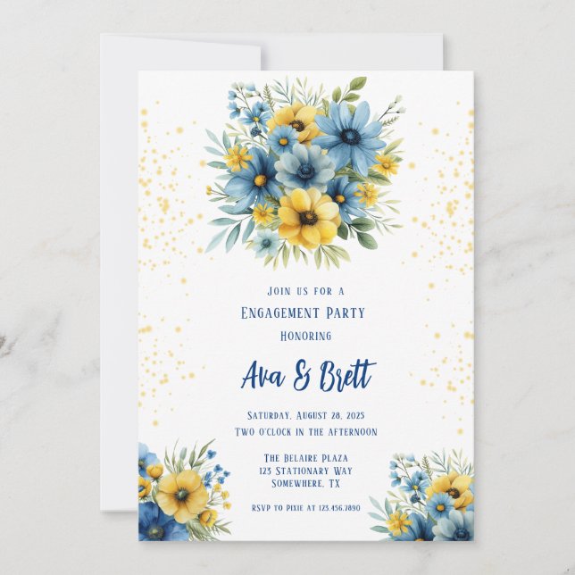 Invitation Marine Blue Jaune Floral Gold Party (Devant)