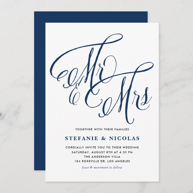 Invitation Marine Blue Mme et Mme Rustic Script Mariage (Devant / Derrière)