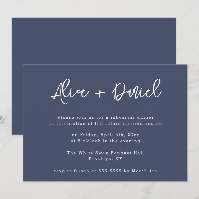 Invitation Marine Blue Modern Names Répétition Dîner Invitati (Devant / Derrière)