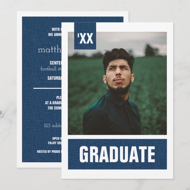 Invitation Marine Blue Modern Textured Photo Graduation (Devant / Derrière)